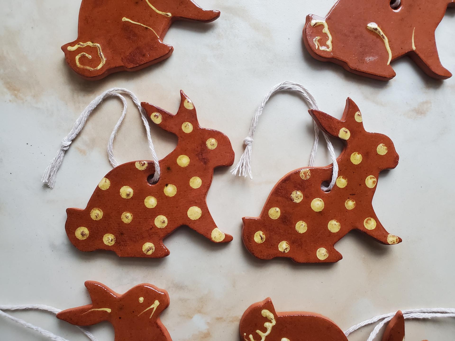 Redware Rabbit Ornaments with Yellow Polka Dots