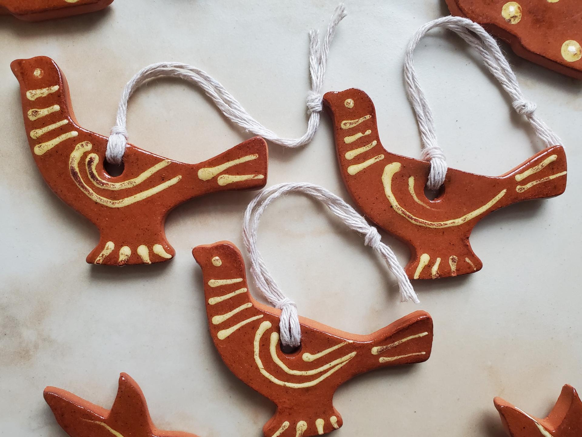 Redware Small Bird Ornaments with Yellow Slip Decoration
