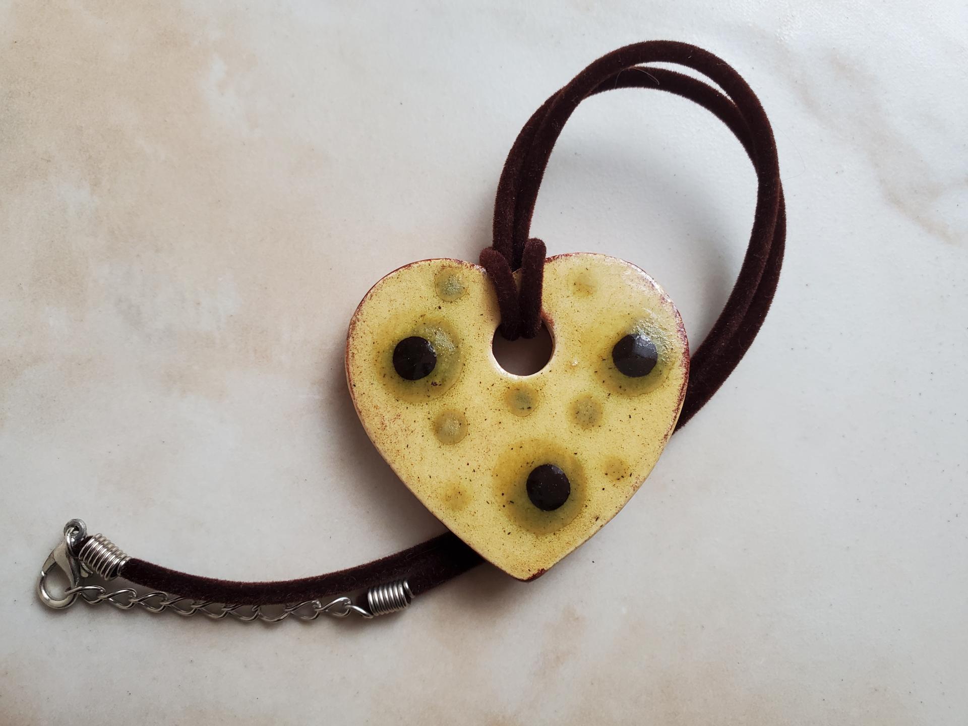 Redware Mini Heart Necklace with Green and Black Dots
