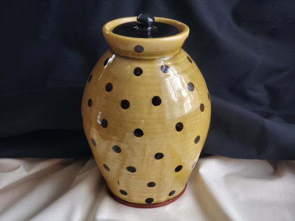 Large Redware 10 in Jar with Black Polka Dot Decoration