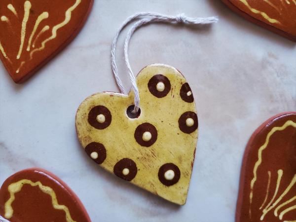 Redware Heart Ornaments with Brown & Yellow Dots
