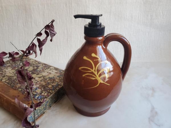 Redware Soap Dispenser with Feather Motif