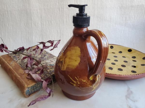 Redware Soap/Lotion Dispenser with Spangles & Daubs Decoration (c)
