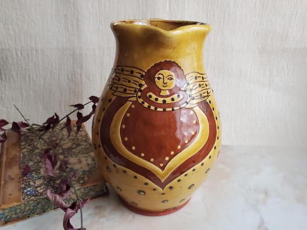 Redware Pitcher, Angel with Wings Sgraffito Motif