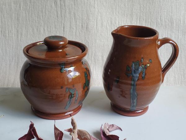 Redware Sugar and Creamer Set with Spangles and Lead Free Glaze