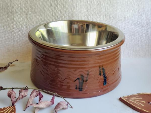Large Redware Pet Food Bowl with Stainless Steel Insert, Gray Drips and lead Free Glaze