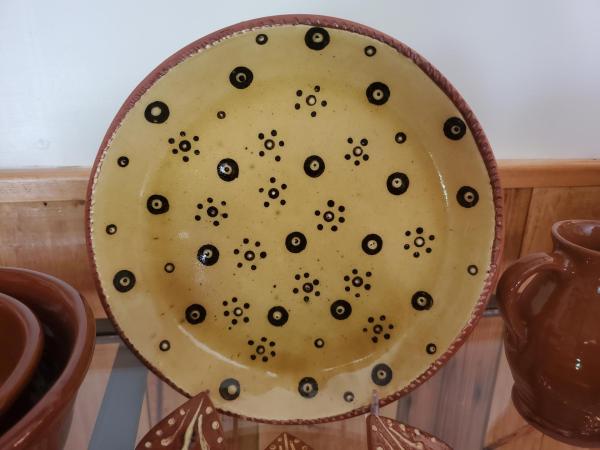 Redware 9 inch Plate with Black and White Dots 
