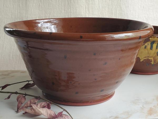 Redware 10 in Bowl with Black Dapples, Hamelin Redware