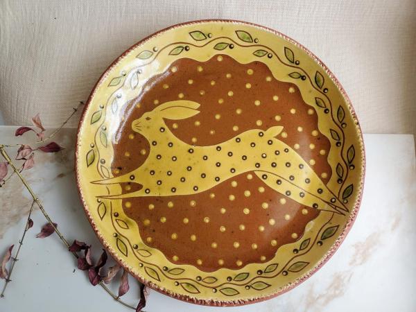 Redware Large Platter, Leaping Hare Motif, Kulina Folk Art