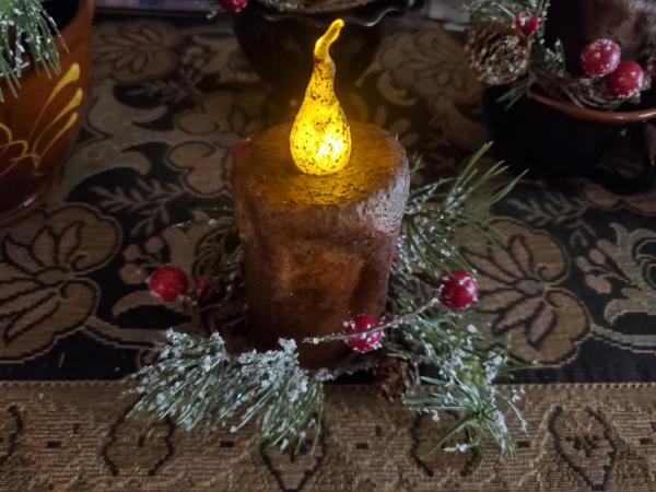 Burnt Mustard Dripped Flicker Pillar BOC - Snowy Pine and Red Berries Candle Ring