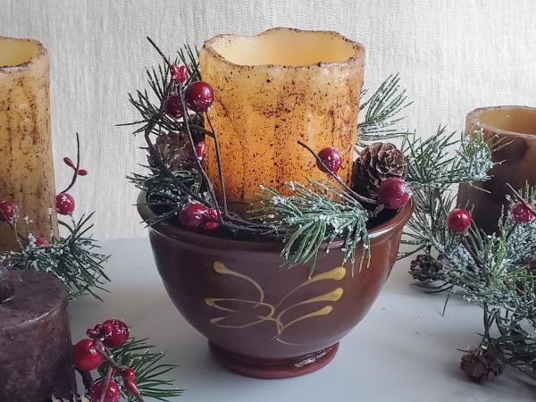 Burnt Ivory Pillar BOC, Snowy Pine & Red Berries Ring in Redware 6 in Bowl, Feather Motif