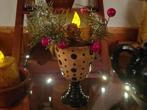 Redware Footed Goblet, Burnt Ivory BOC Pillar, Snowy Pine & Red Berries Ring