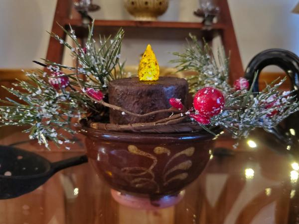 Redware Bowl Feather Motif - Burnt Mustard BOC Pillar - Red Berries Candle Ring