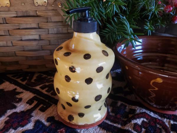 Redware Soap or Lotion Dispenser Bottle with Black Dots
