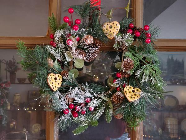 Mini Redware Heart Ornaments - Snowy Pine Wreath with Red Berries