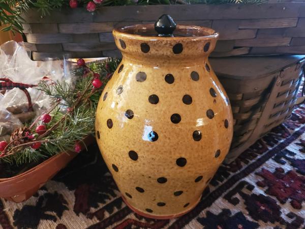 Large Redware 11.50 in Redware Jar with Black Polka Dot Decoration