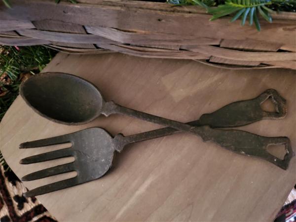 Pair of Rustic Farmhouse Cast Iron Serving Spoon & Fork