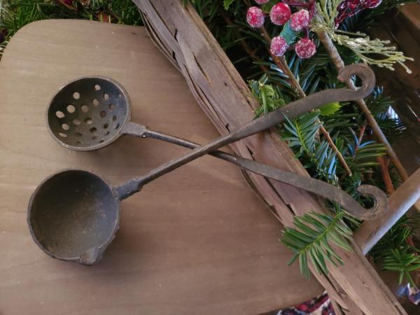 Pair of Rustic Farmhouse Cast Iron Ladle & Sieve
