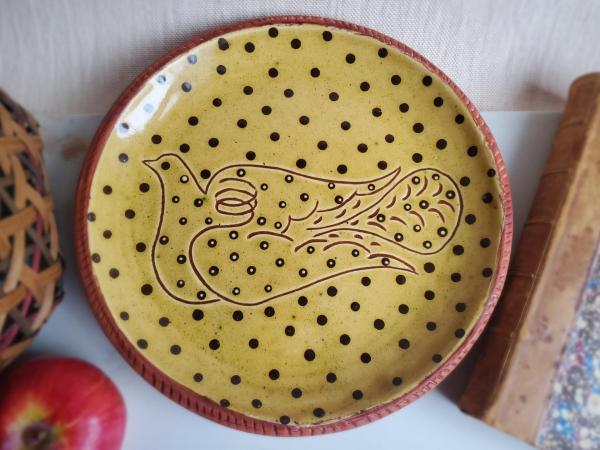 Redware 9 in Plate with Dove Sgraffito Motif