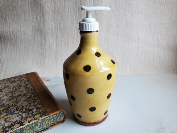Redware Soap or Lotion Dispenser Bottle with Black Dots
