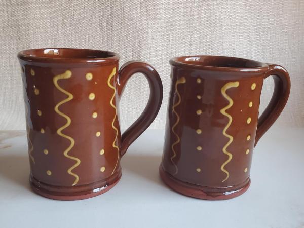 Redware 12 oz. Mugs (2) with "Squiggles and Dots" Slipware Pattern