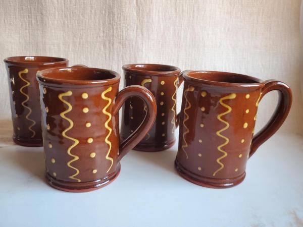 Redware 12 oz. Mugs (4) with "Squiggles and Dots" Slipware Pattern