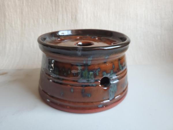 Large Redware Soap Dish with Black Spangles and Black Glaze Accents