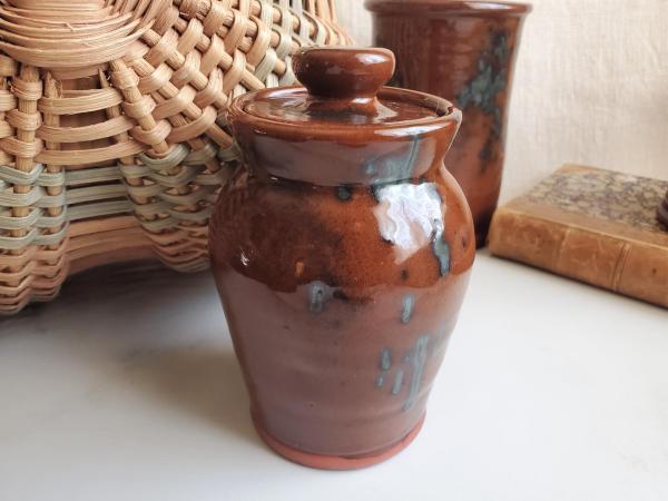 Redware Sugar or Spice Jar with Spangles (a)
