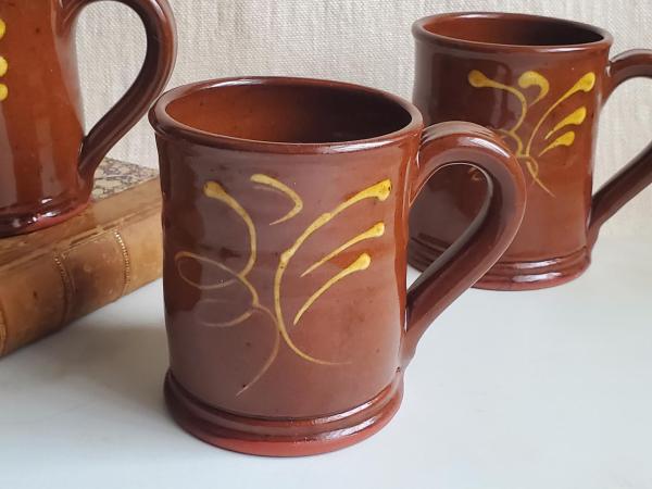 Redware 12 oz. Mug with "Feather" Slipware Motif