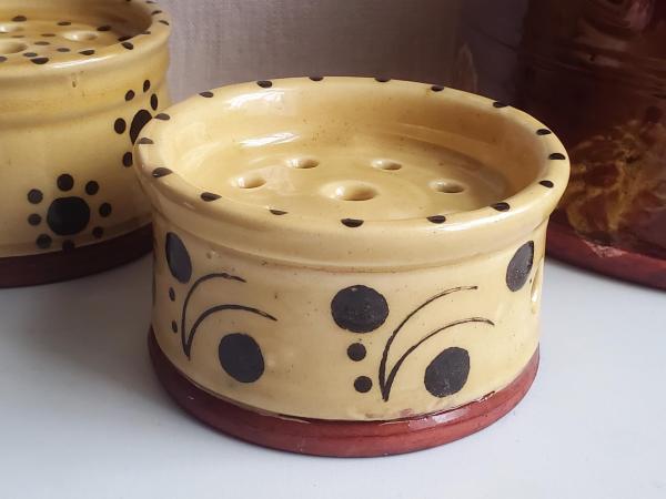  Redware Soap Dish with Stamped Arch and Dot Pattern