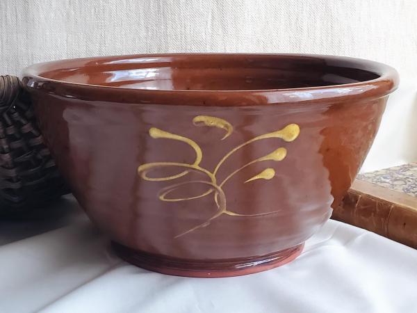 Redware 10 in Large Bowl with Feather Motif