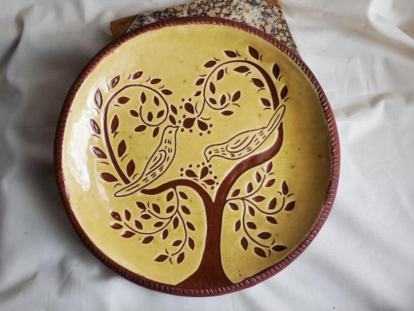 Redware 11 inch Plate with Birds Eating Berries Sgraffito Motif