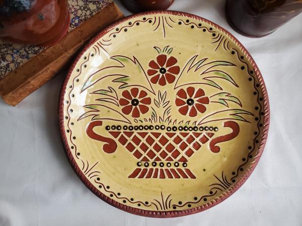 Redware 11 inch Plate with Flower Basket Sgraffito Motif