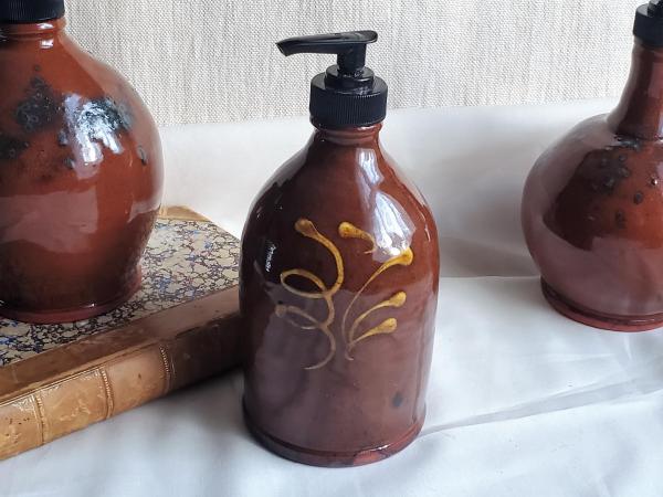 Redware Soap/Lotion Dispenser Bottle with Feather Motif