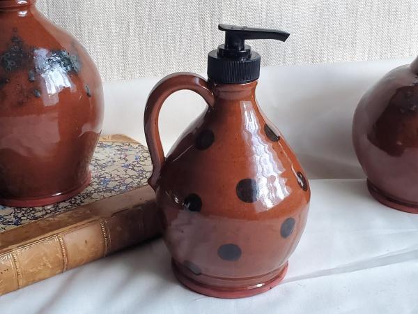 Redware Soap/Lotion Jug Dispenser with Black Polka Dots