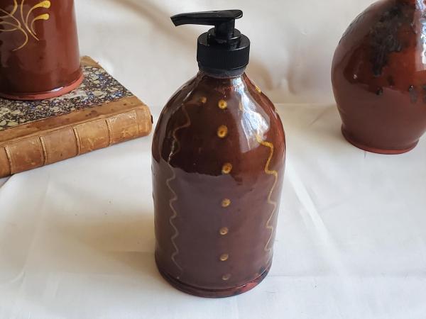 Redware Soap/Lotion Dispenser Bottle with Squiggles and Dots Pattern