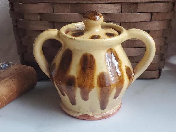 Redware Jar, Perfect Sugar Jar with Yellow Slip and Distinctive Drips