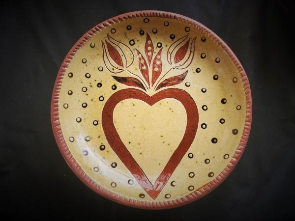 Redware 9 in Plate with Heart and Tulips Sgraffito Motif