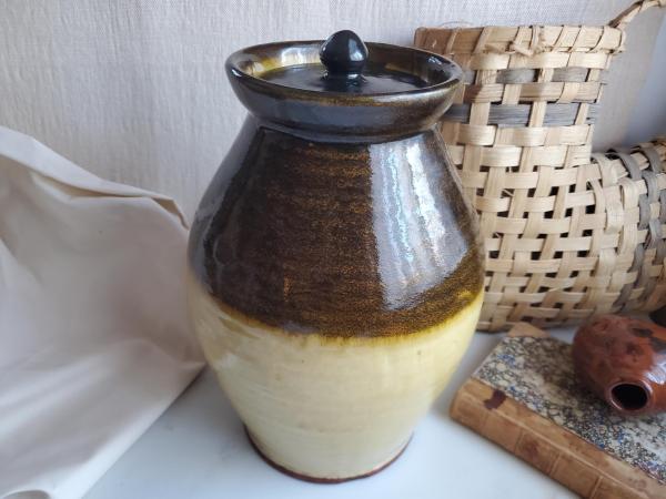 Handcrafted Redware Jar with Acorn Lid, Two Tone Glaze, Decorative and Functional Pottery, 12 Inches Tall