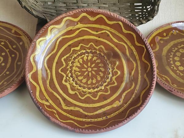 Unique Drape-Molded Redware 9 in. Plate with Golden Slip Design, Food Safe and Lead Free