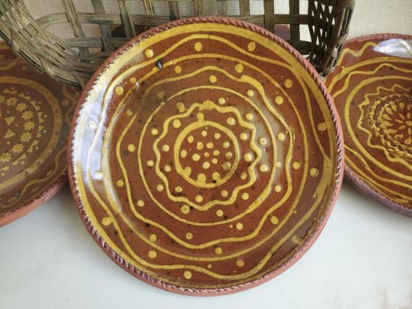 Unique Drape-Molded Redware 9 in. Plate with Golden Slip Design, Food Safe and Lead Free