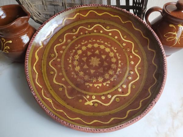 Redware Plate 11 in. with Aged Look, Speckled and Slipped Details by Pied Potter Hamelin