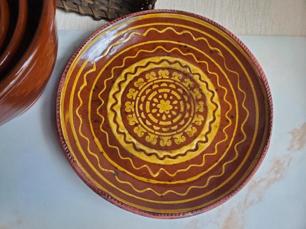 Redware Plate 11 in., Aged Look, Speckled and Slipped Details by Pied Potter Hamelin