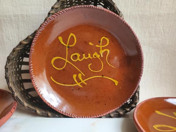 Unique Redware 9 in. Plate with Golden Slip Design, Food Safe and Lead Free