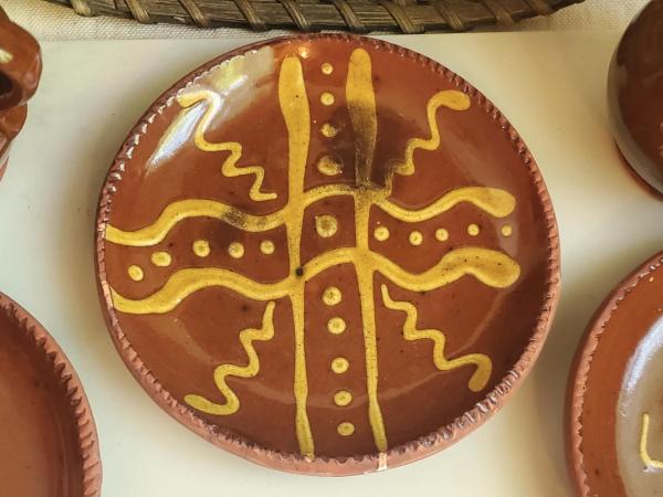 Redware 7 in. Plate with Golden Slip Motif, Food Safe, Antiqued