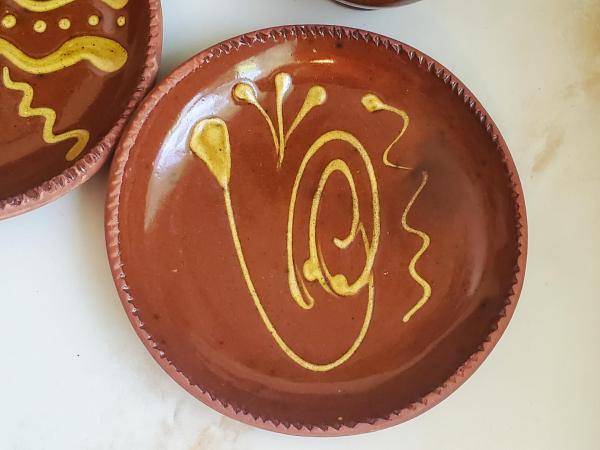 Redware 7 in. Plate with Golden Slip Motif, Food Safe, Antiqued