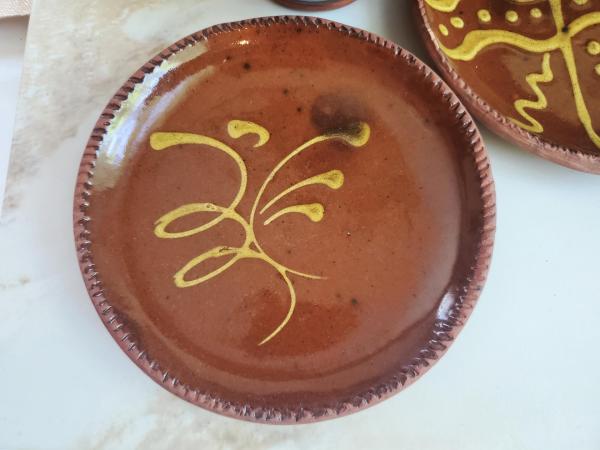 Redware 7 in. Plate with Golden Slip "Feather" Motif, Food Safe, Antiqued