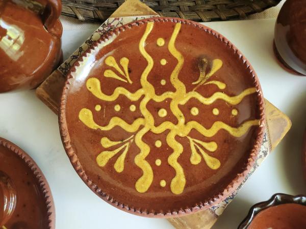 Redware 7 in. Plate with Golden Slip Motif, Food Safe, Antiqued