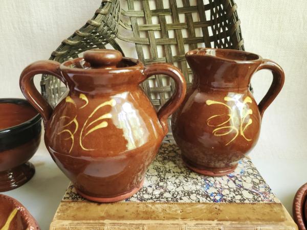 Sugar and Creamer Set with Slip Trailing Pattern, Antiqued, by Pied Potter Hamelin (B)