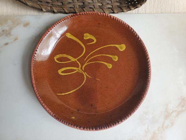 Redware 9 in. Plate with "Feather" Golden Slip Motif, Food Safe, Antiqued